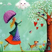 Postkarte M�dchen mit Regenschrim