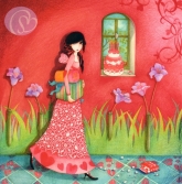 Postkarte Frau mit Geschenken