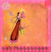 Postkarte Frau mit Torte und Geschenken