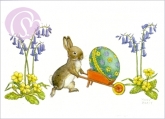 Postkarte Rabbit pushing a decorated Easter Egg in a Wheelbarrow