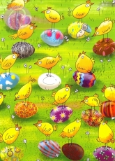 Postkarte Hhner mit Ostereiern