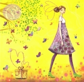 Postkarte Frau mit Schmetterlingen und Geschenk