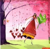 Postkarte Maiglckchen und Herzen