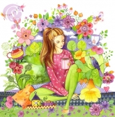 Postkarte Mdchen mit Teetasse